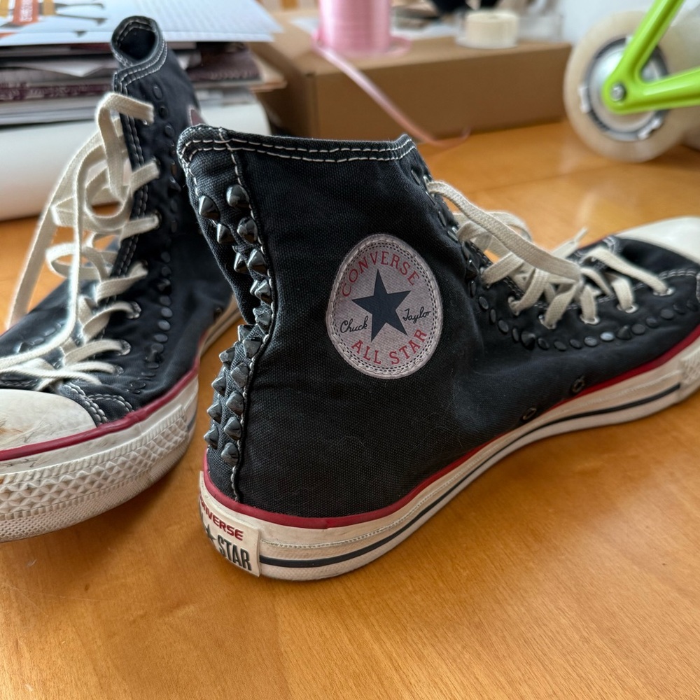 Converse Black, Red,  and White High-Tops with Studs. Worn Twice